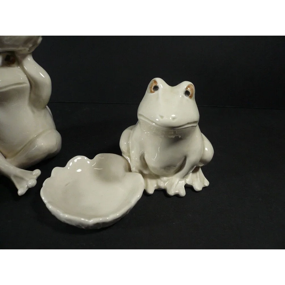 Vtg Set of 3 White Frog with Leaf Bowls Tea Light Candle Holders or Trinket Dish